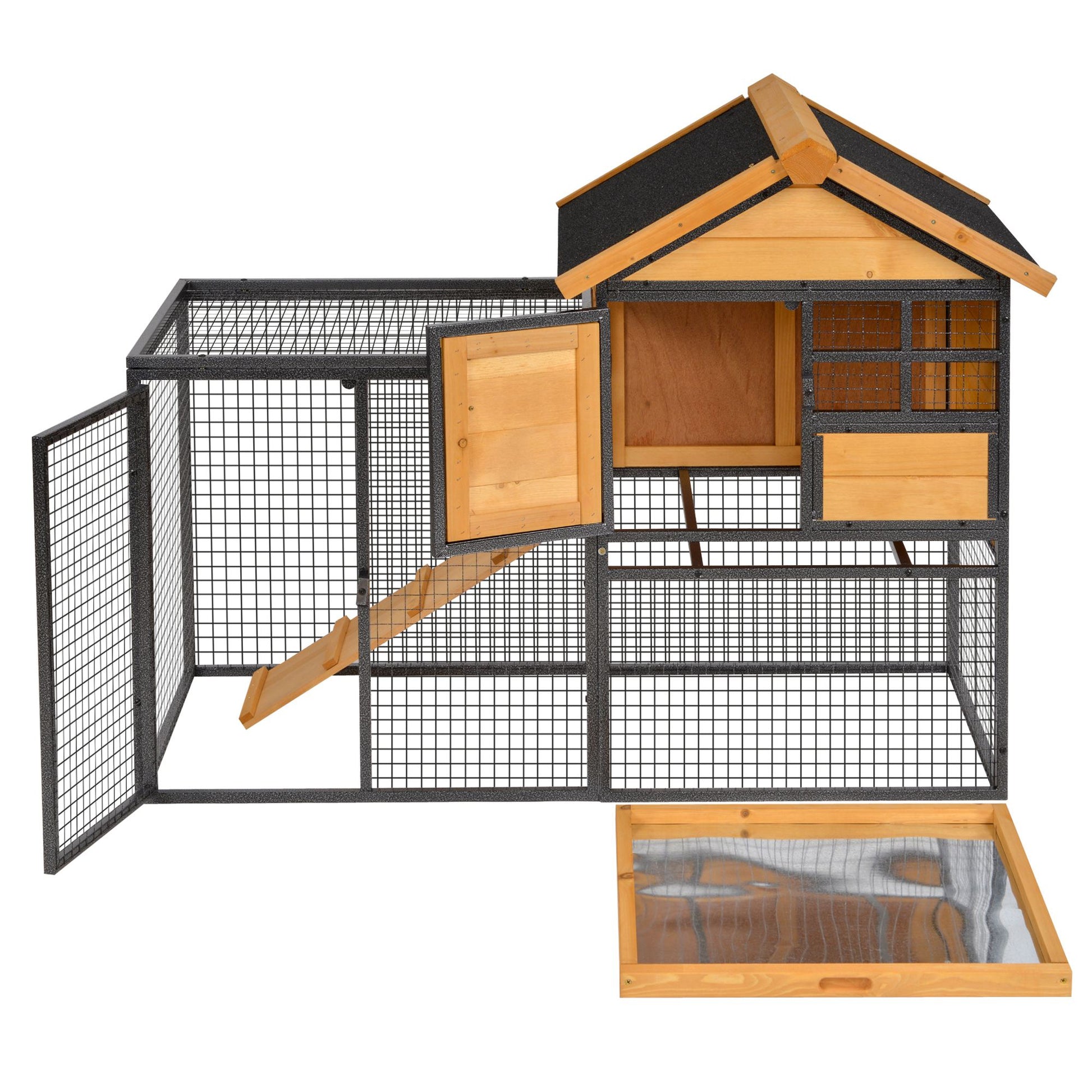 KFX-2483517 Elevated Outdoor Rabbit Cage with Slide-Out Tray, Natural Fir Wood & Black Design