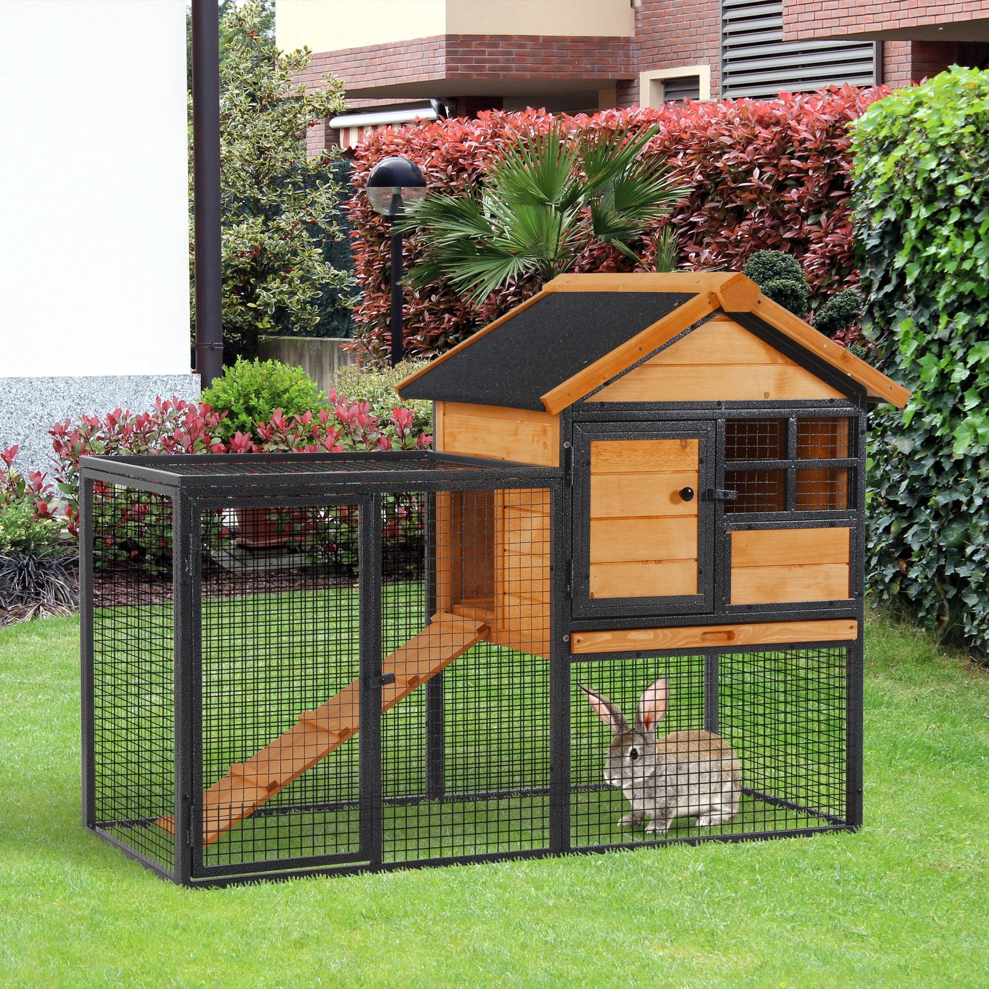 KFX-2483517 Elevated Outdoor Rabbit Cage with Slide-Out Tray, Natural Fir Wood & Black Design