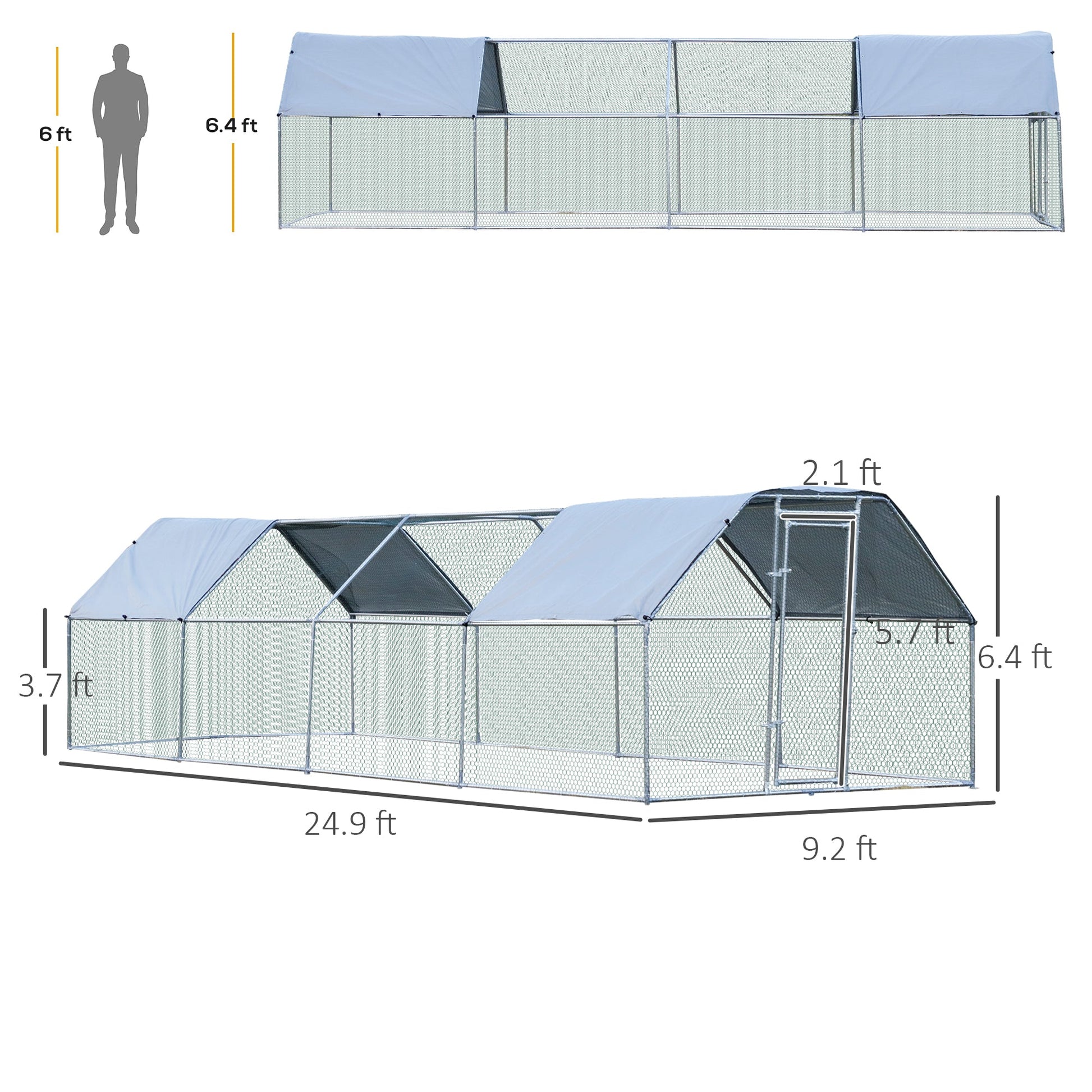 KFX-2489277 Large Metal Chicken Coop with Waterproof Roof and Anti-UV Cover, Walk-In Run for Outdoor Use, 9' x 24' x 6.5'
