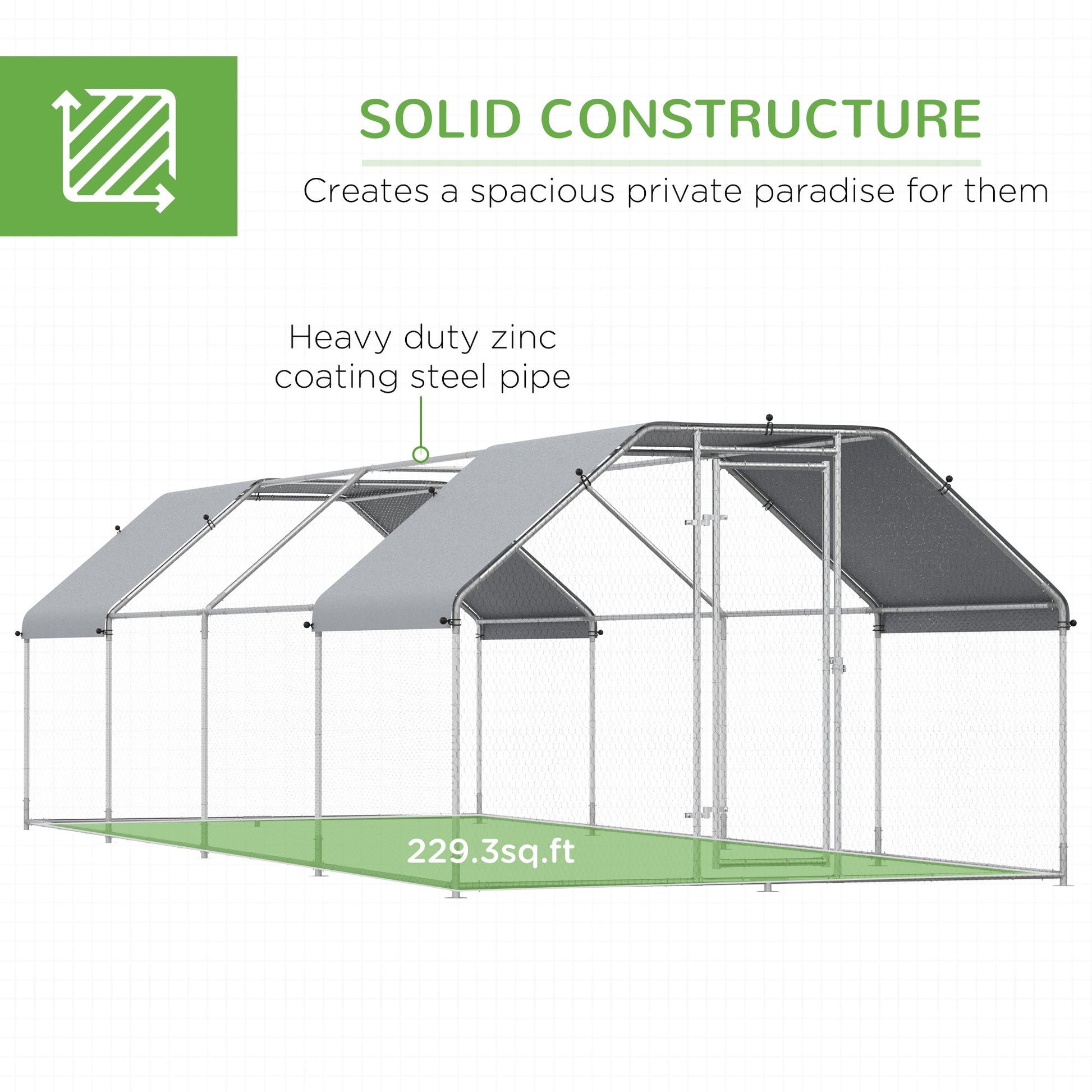 KFX-2489277 Large Metal Chicken Coop with Waterproof Roof and Anti-UV Cover, Walk-In Run for Outdoor Use, 9' x 24' x 6.5'