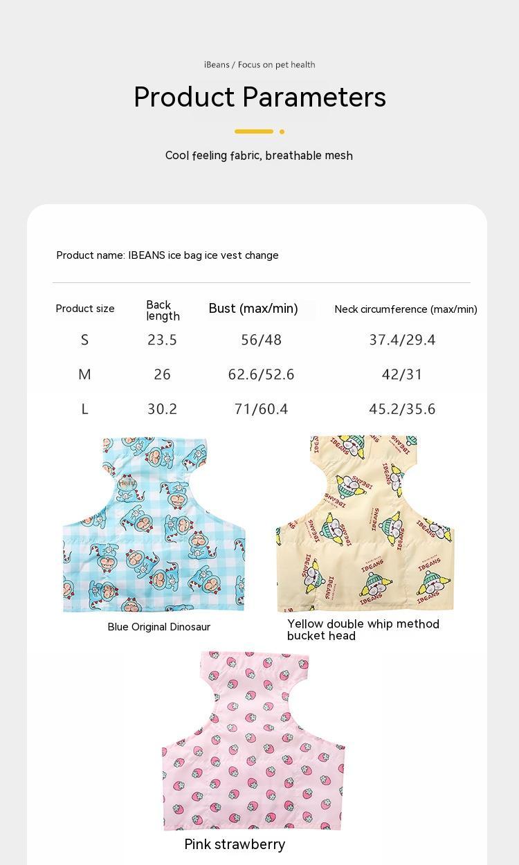 KFX-2491965 Cooling Ice Apron and Vest for Pets - Cartoon Styles in Blue Dinosaur, Yellow Bull, Pink Strawberry, Sizes S, M, L