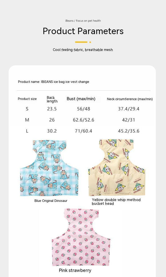 KFX-2491965 Cooling Ice Apron and Vest for Pets - Cartoon Styles in Blue Dinosaur, Yellow Bull, Pink Strawberry, Sizes S, M, L