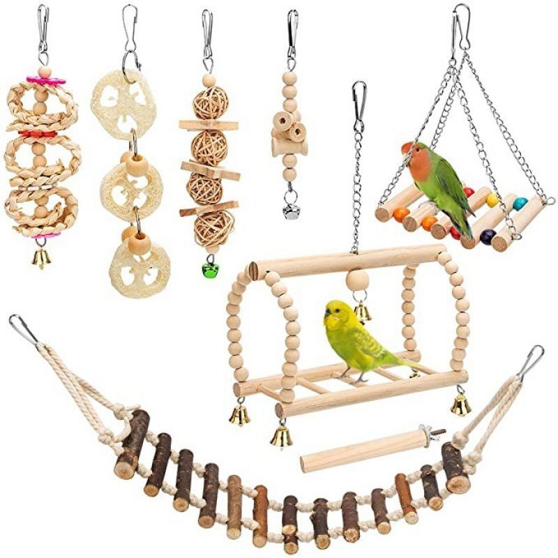 KFX-2494013 Wooden Bird Log Swing Toy Set with Bells for Small and Medium Birds