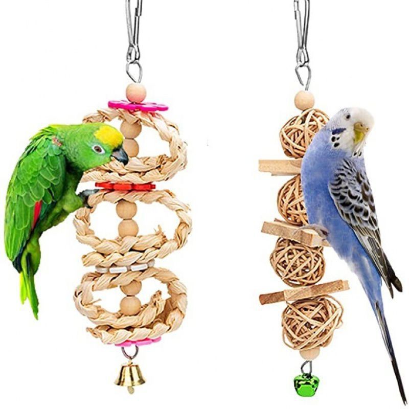 KFX-2494013 Wooden Bird Log Swing Toy Set with Bells for Small and Medium Birds