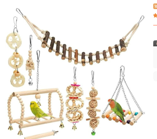 KFX-2494013 Wooden Bird Log Swing Toy Set with Bells for Small and Medium Birds