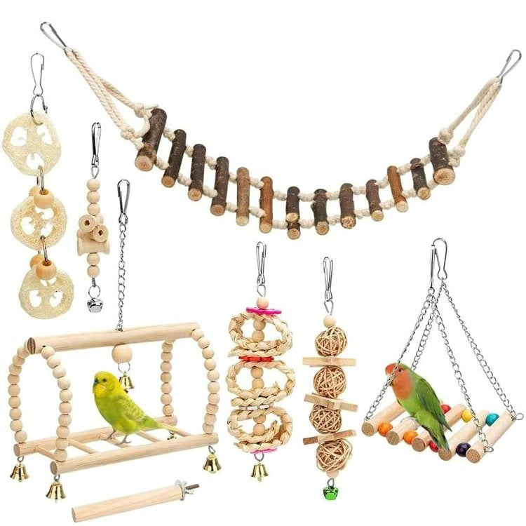 KFX-2494013 Wooden Bird Log Swing Toy Set with Bells for Small and Medium Birds
