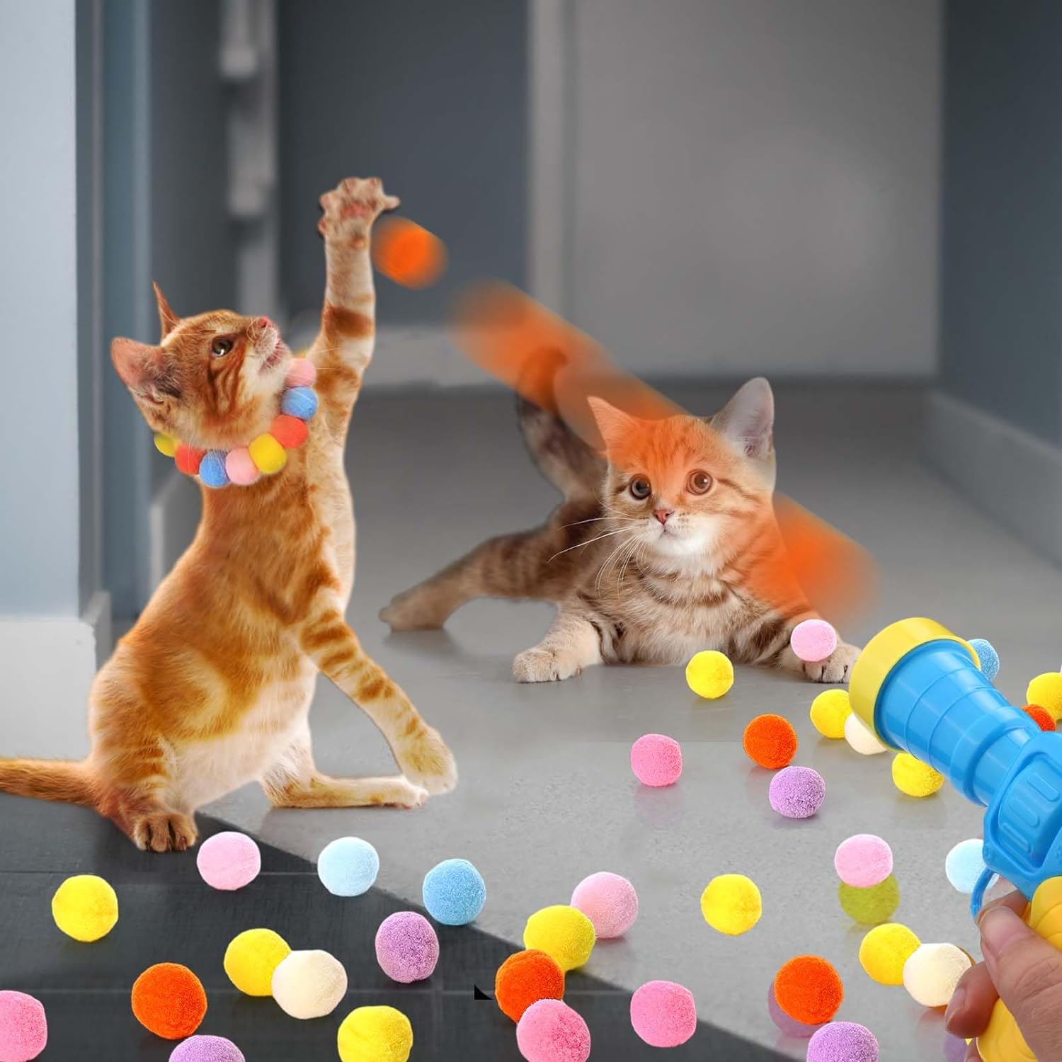 KFX-2504381 Interactive Cat Toy with Plush Ball Launcher and 20 Pom Pom Balls for Indoor Play