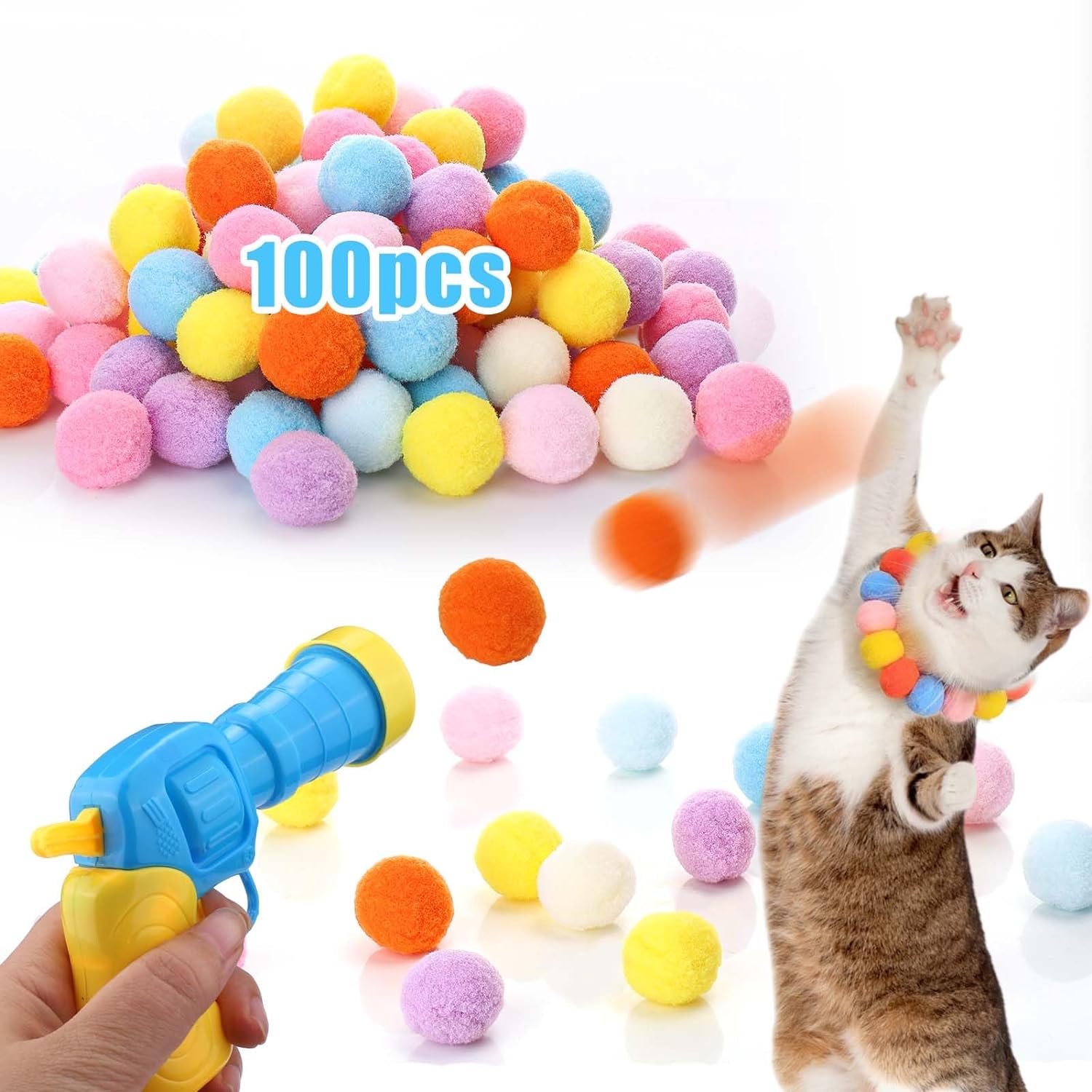 KFX-2504381 Interactive Cat Toy with Plush Ball Launcher and 20 Pom Pom Balls for Indoor Play