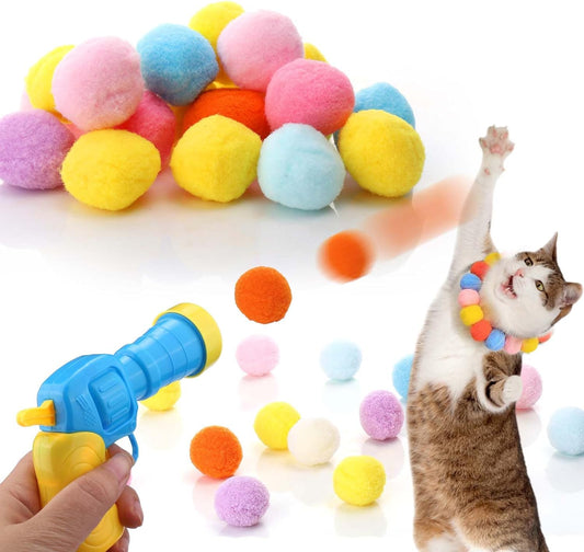 KFX-2504381 Interactive Cat Toy with Plush Ball Launcher and 20 Pom Pom Balls for Indoor Play