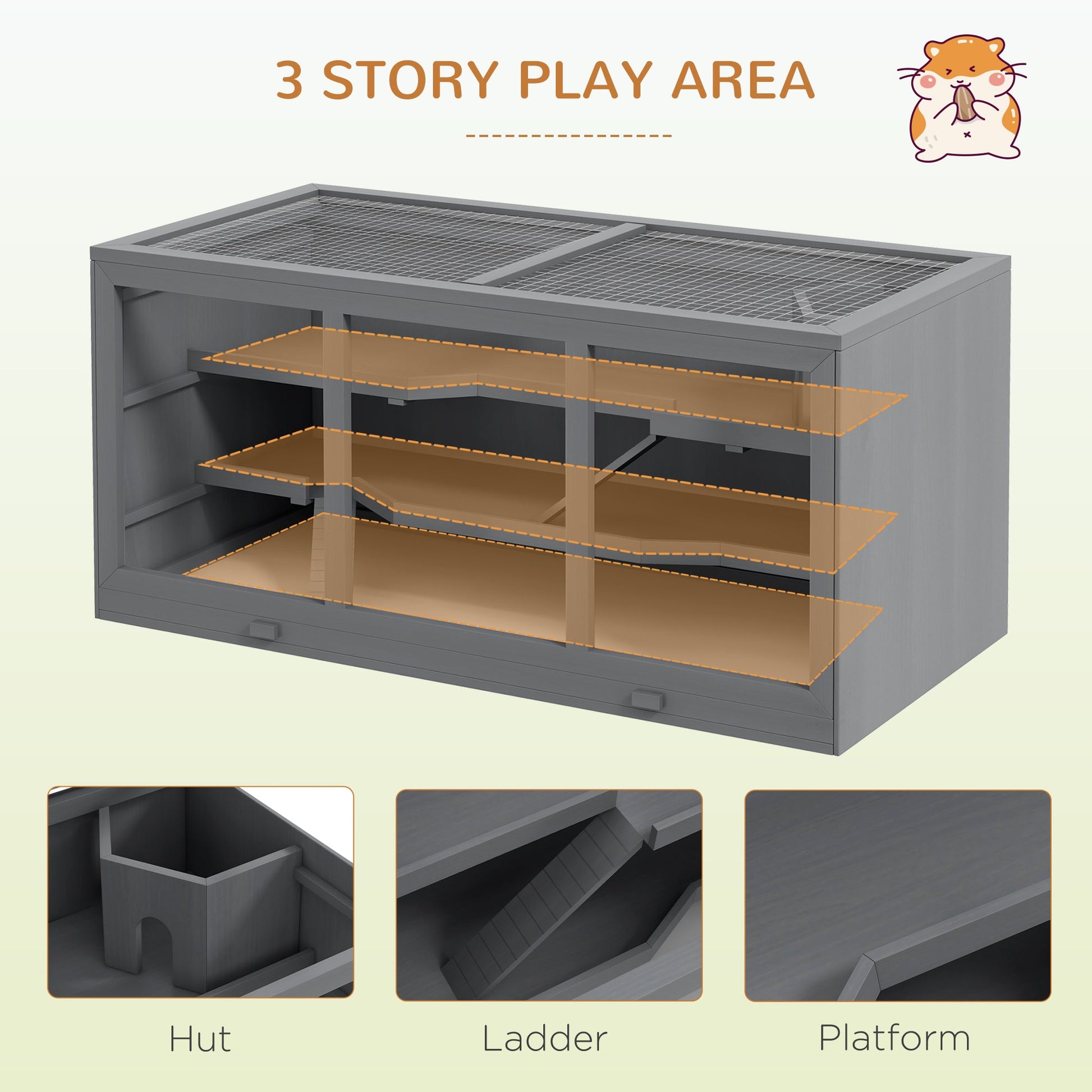KFX-2510525 Extra Large Gray Wooden Hamster Cage with Opening Roof, Ramp Access, and Multiple Levels