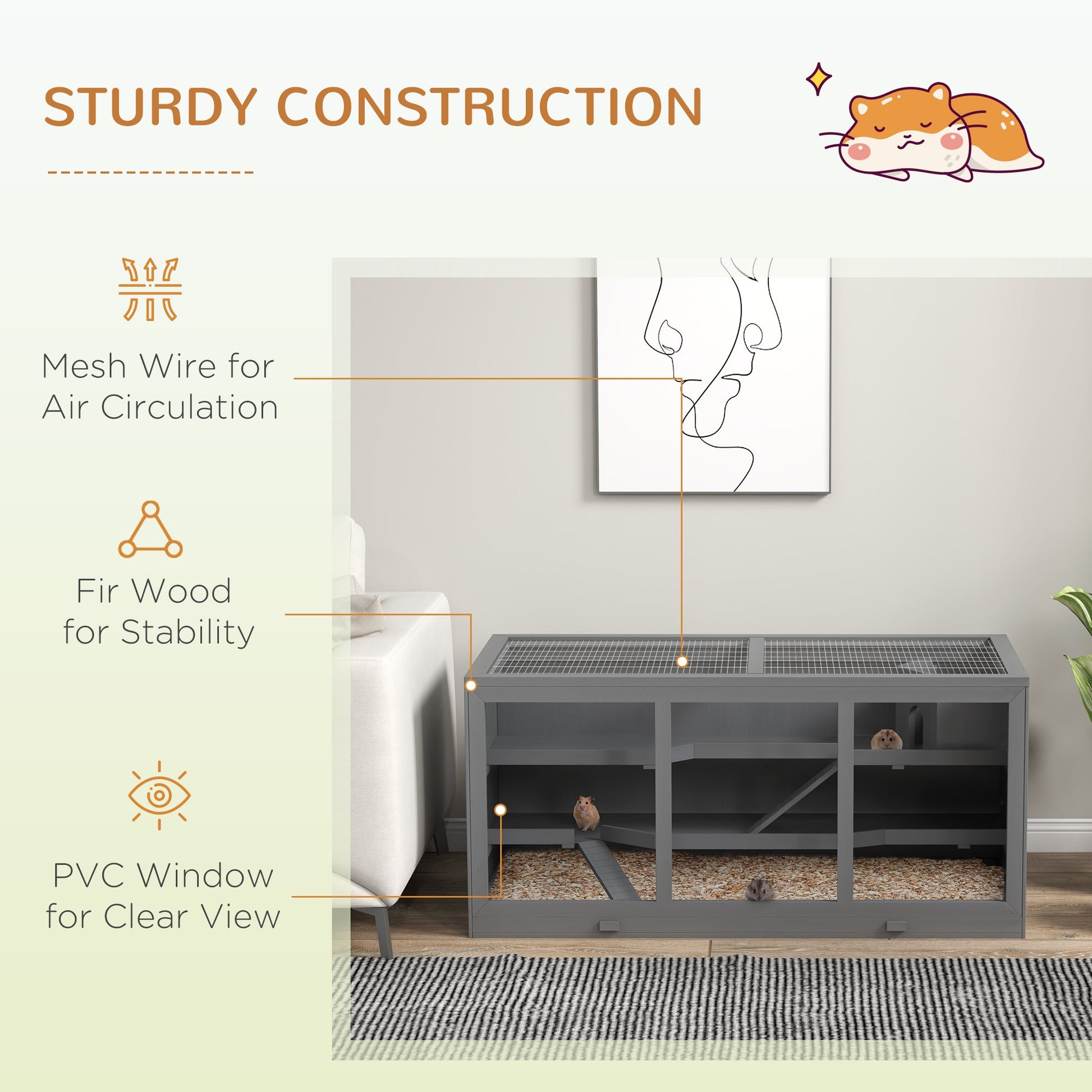 KFX-2510525 Extra Large Gray Wooden Hamster Cage with Opening Roof, Ramp Access, and Multiple Levels