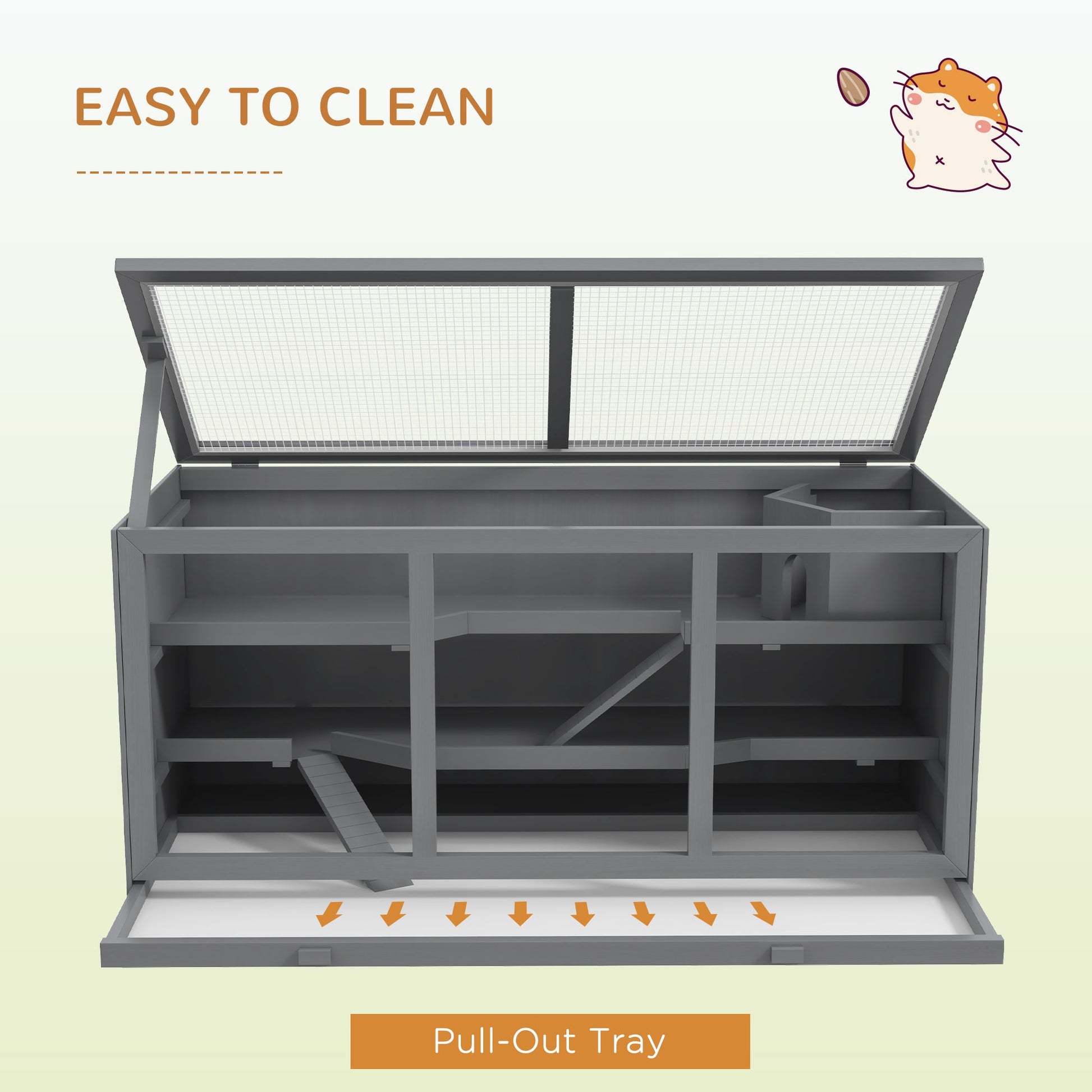 KFX-2510525 Extra Large Gray Wooden Hamster Cage with Opening Roof, Ramp Access, and Multiple Levels