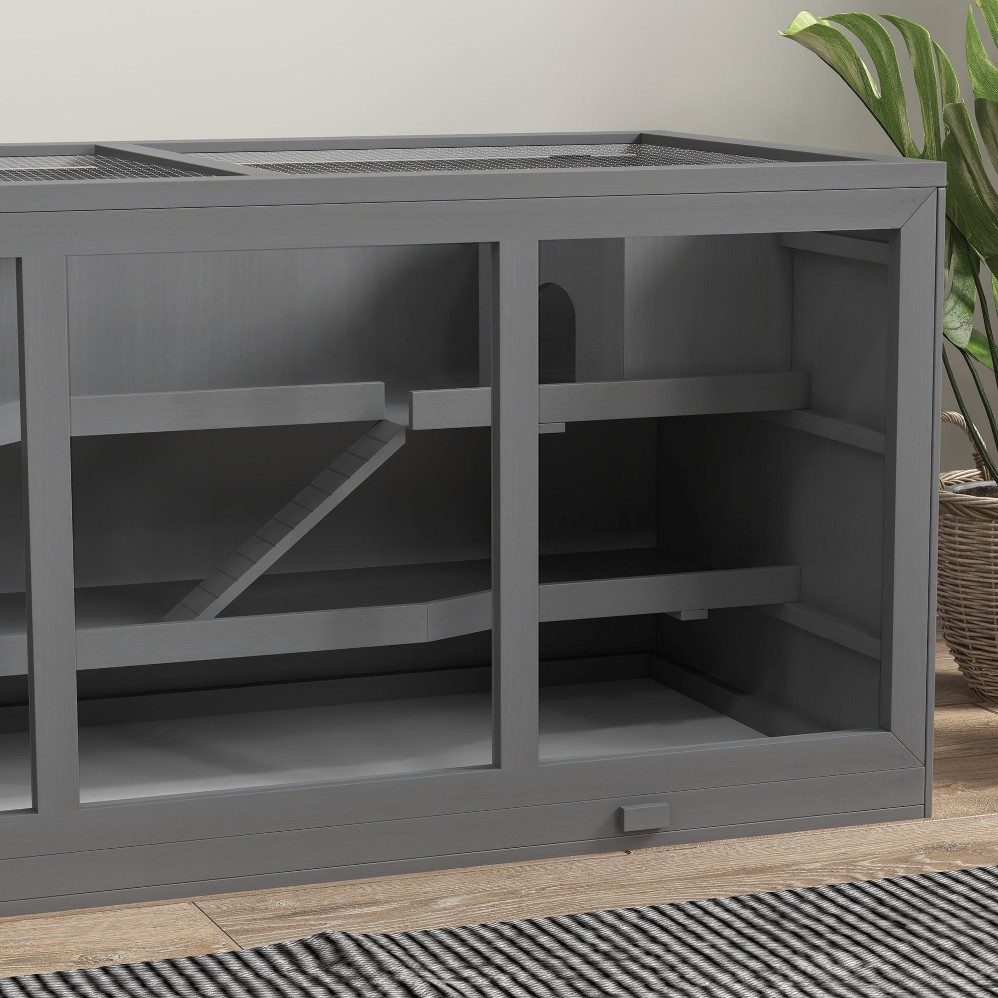 KFX-2510525 Extra Large Gray Wooden Hamster Cage with Opening Roof, Ramp Access, and Multiple Levels