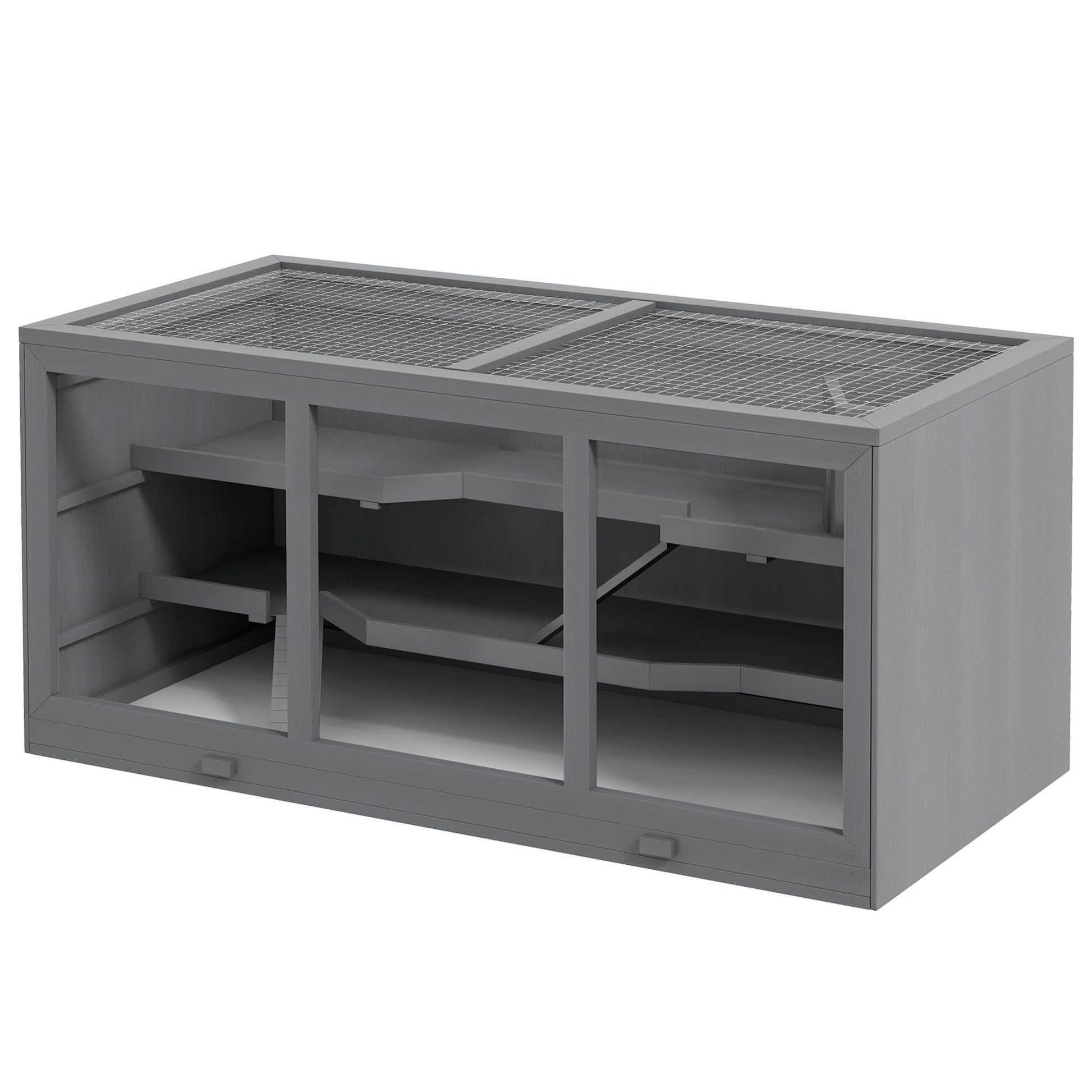 KFX-2510525 Extra Large Gray Wooden Hamster Cage with Opening Roof, Ramp Access, and Multiple Levels