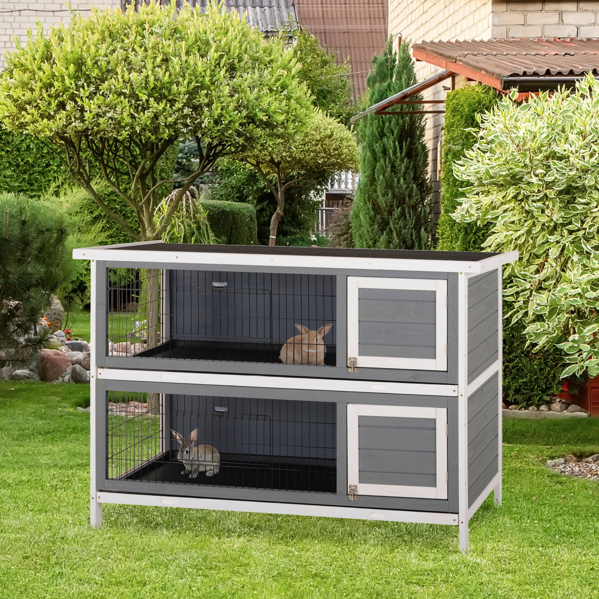 KFX-2516285 Large 2-Story Rabbit Hutch with Lockable Doors and Waterproof Roof for Indoor/Outdoor Use, Dark Gray