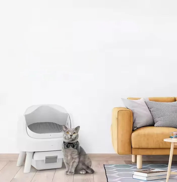 KFX-252179 Extra Large Splash-Proof Cat Litter Box with Easy Clean Drawer - Stainless Steel & Plastic, 65L Capacity