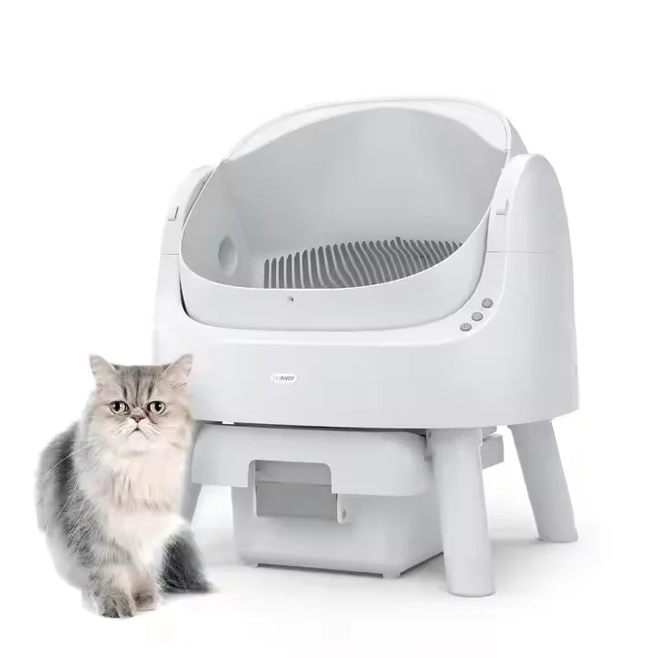 KFX-252179 Extra Large Splash-Proof Cat Litter Box with Easy Clean Drawer - Stainless Steel & Plastic, 65L Capacity