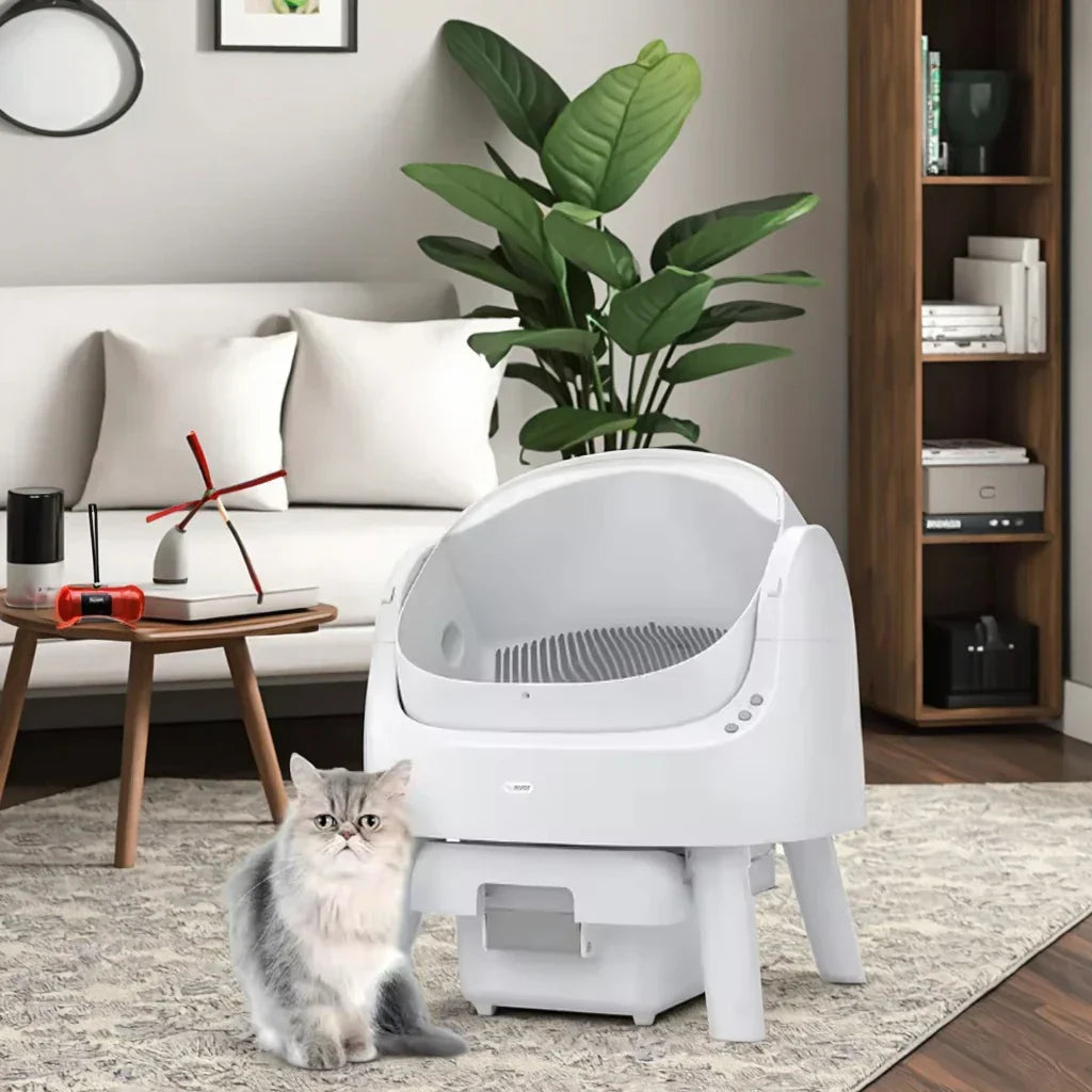 KFX-252179 Extra Large Splash-Proof Cat Litter Box with Easy Clean Drawer - Stainless Steel & Plastic, 65L Capacity