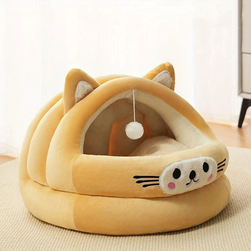 KFX-2522429 Cozy Semi-Enclosed Cat Bed with Thickened Ear Design for All Seasons