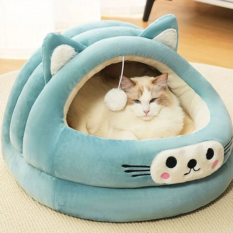KFX-2522429 Cozy Semi-Enclosed Cat Bed with Thickened Ear Design for All Seasons