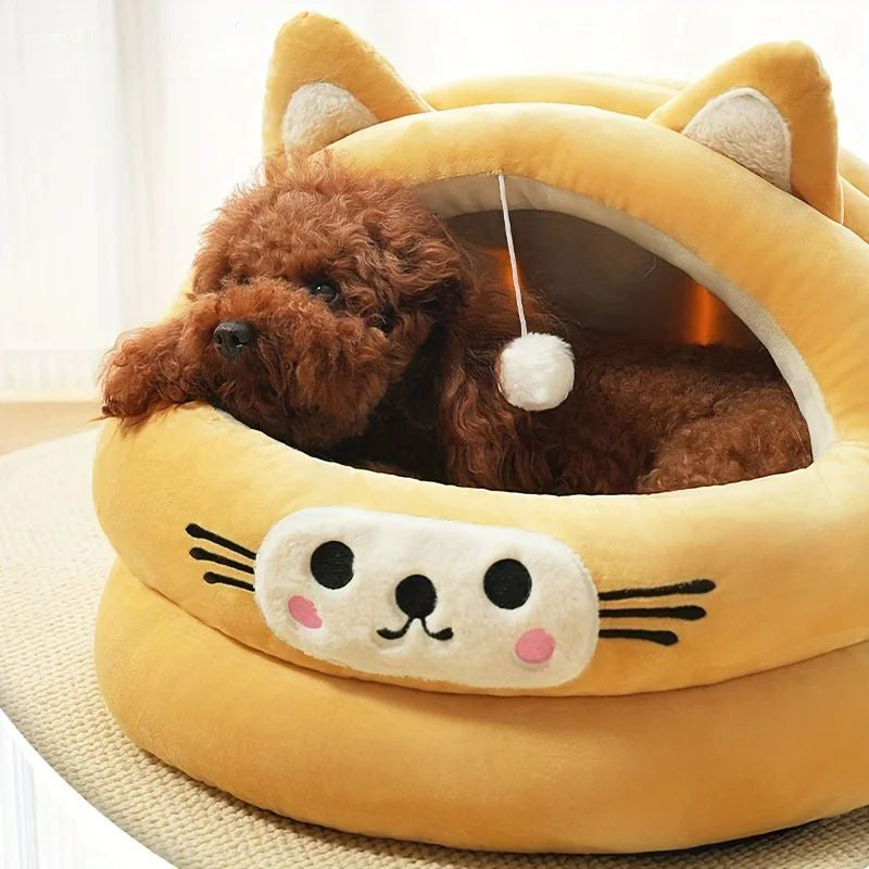 KFX-2522429 Cozy Semi-Enclosed Cat Bed with Thickened Ear Design for All Seasons