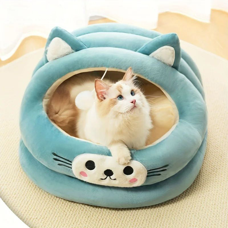 KFX-2522429 Cozy Semi-Enclosed Cat Bed with Thickened Ear Design for All Seasons