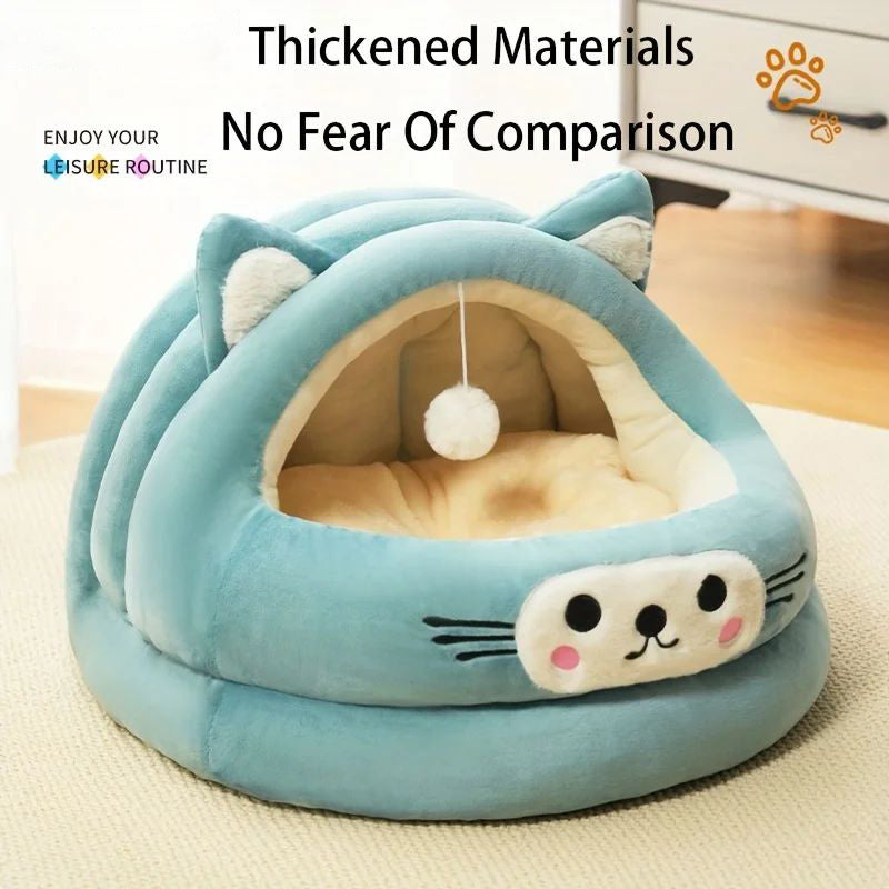KFX-2522429 Cozy Semi-Enclosed Cat Bed with Thickened Ear Design for All Seasons