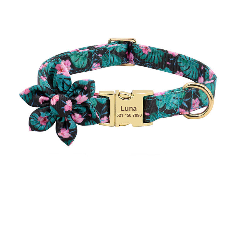 KFX-2526141 Personalized Nylon Dog Collar with Engraved ID Tag and Removable Flower Design for Pets