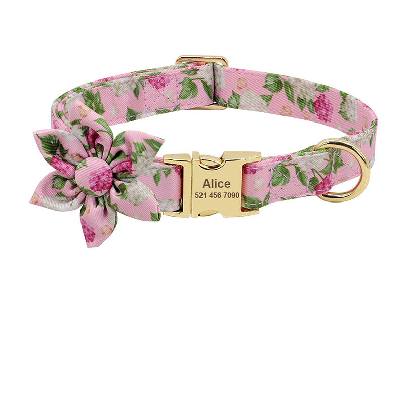KFX-2526141 Personalized Nylon Dog Collar with Engraved ID Tag and Removable Flower Design for Pets
