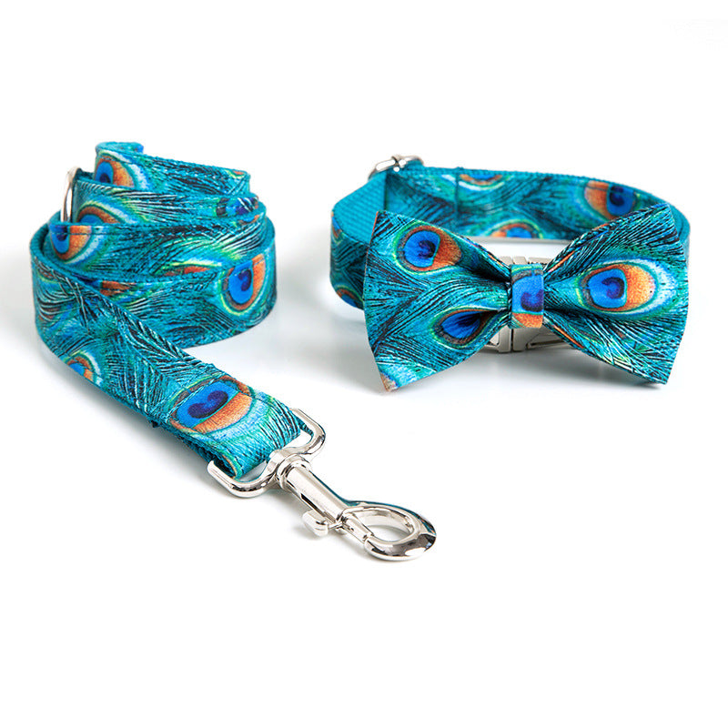 KFX-2533693 Peacock Dog Collar and Leash Set with Bow for Medium Dogs