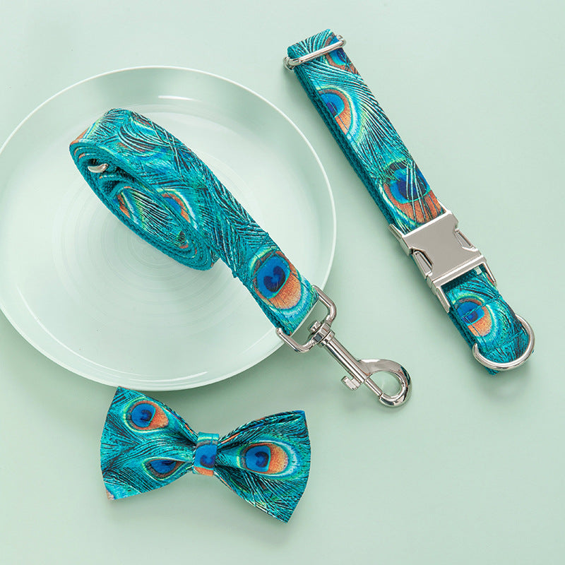KFX-2533693 Peacock Dog Collar and Leash Set with Bow for Medium Dogs