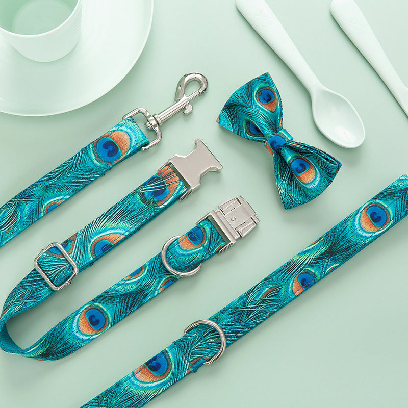 KFX-2533693 Peacock Dog Collar and Leash Set with Bow for Medium Dogs