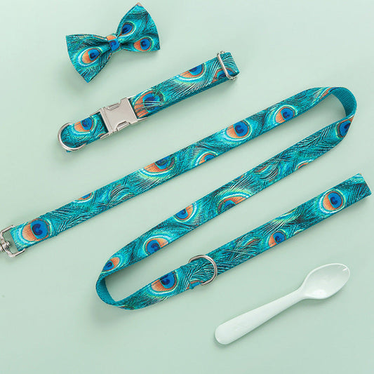 KFX-2533693 Peacock Dog Collar and Leash Set with Bow for Medium Dogs