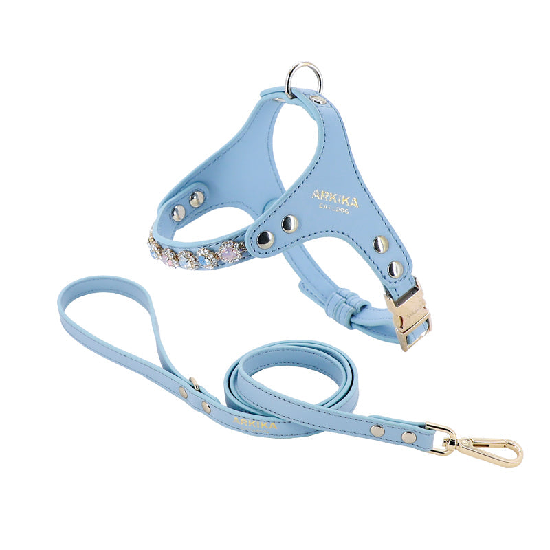 KFX-2539453 Adjustable Dog and Cat Harness with Leash in Rainbow Pink, Turquoise Green, and Sky Blue PU Leather with Rhinestones