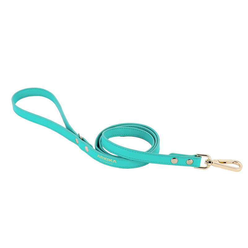 KFX-2539453 Adjustable Dog and Cat Harness with Leash in Rainbow Pink, Turquoise Green, and Sky Blue PU Leather with Rhinestones