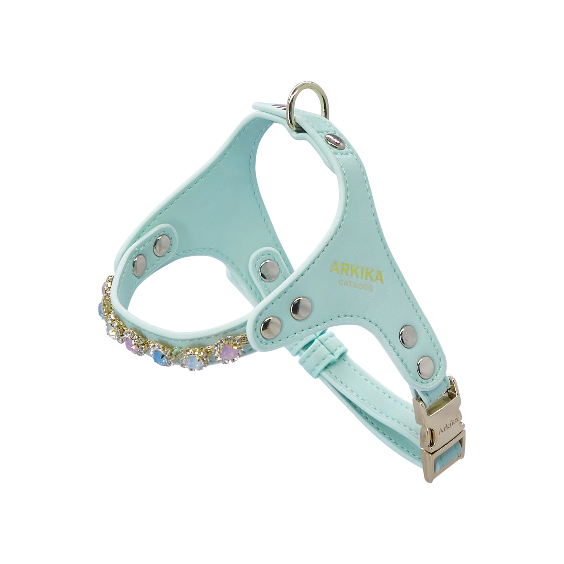 KFX-2539453 Adjustable Dog and Cat Harness with Leash in Rainbow Pink, Turquoise Green, and Sky Blue PU Leather with Rhinestones