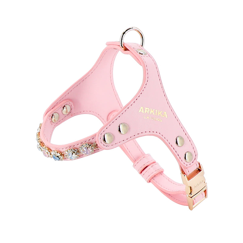 KFX-2539453 Adjustable Dog and Cat Harness with Leash in Rainbow Pink, Turquoise Green, and Sky Blue PU Leather with Rhinestones