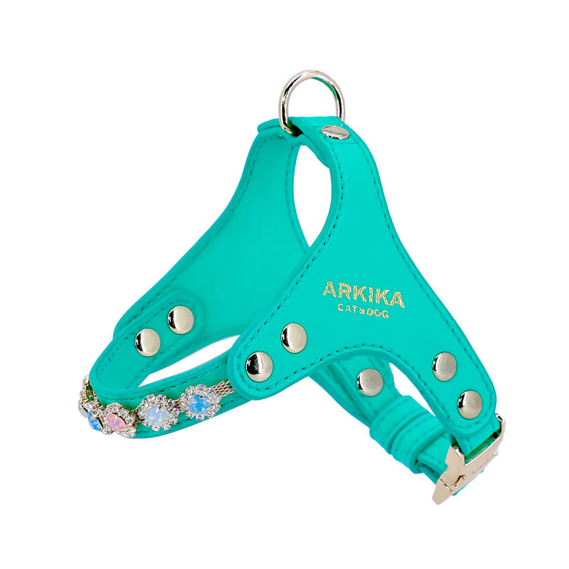 KFX-2539453 Adjustable Dog and Cat Harness with Leash in Rainbow Pink, Turquoise Green, and Sky Blue PU Leather with Rhinestones
