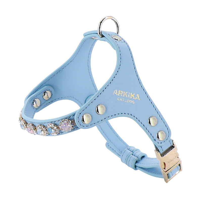 KFX-2539453 Adjustable Dog and Cat Harness with Leash in Rainbow Pink, Turquoise Green, and Sky Blue PU Leather with Rhinestones
