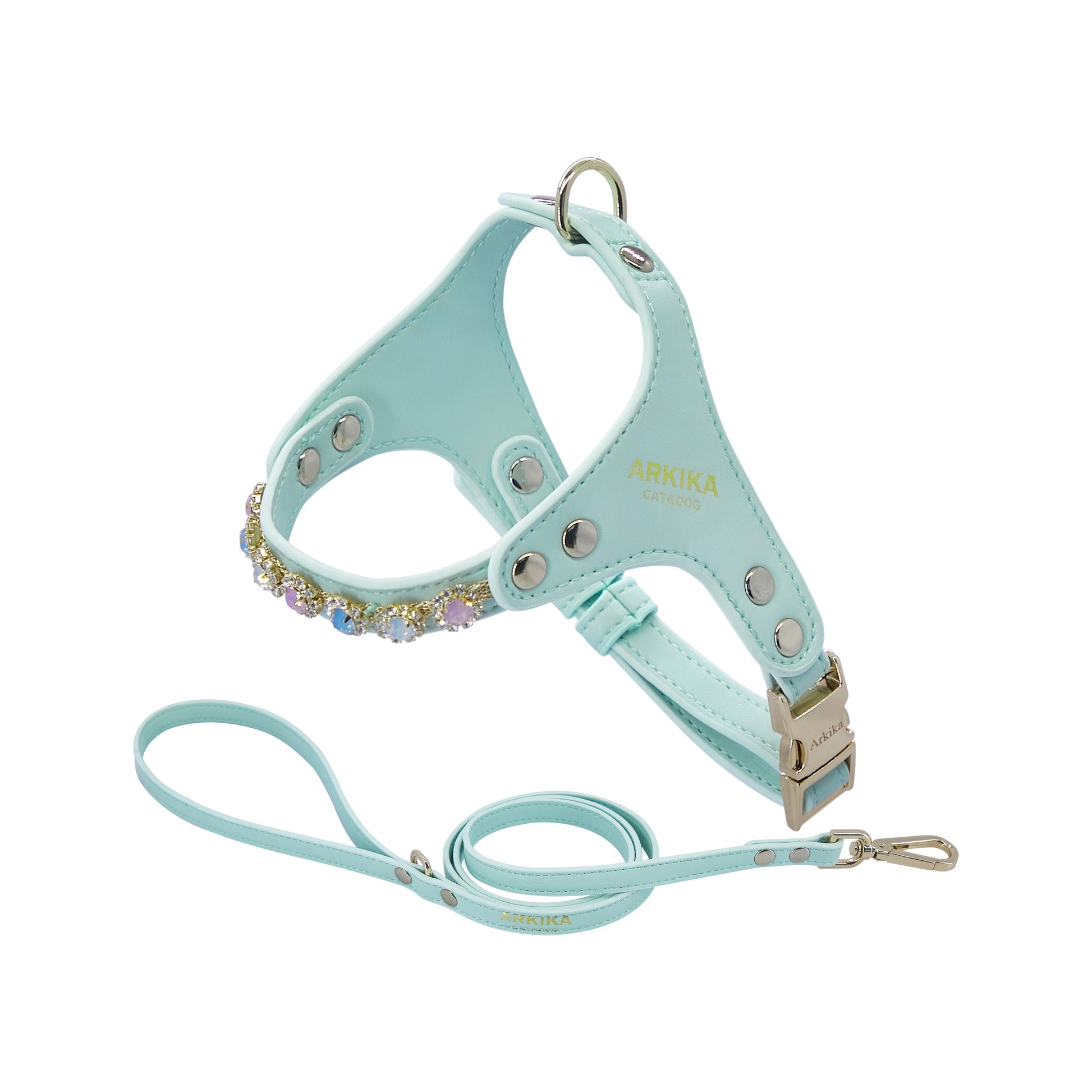 KFX-2539453 Adjustable Dog and Cat Harness with Leash in Rainbow Pink, Turquoise Green, and Sky Blue PU Leather with Rhinestones