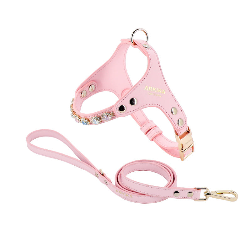 KFX-2539453 Adjustable Dog and Cat Harness with Leash in Rainbow Pink, Turquoise Green, and Sky Blue PU Leather with Rhinestones