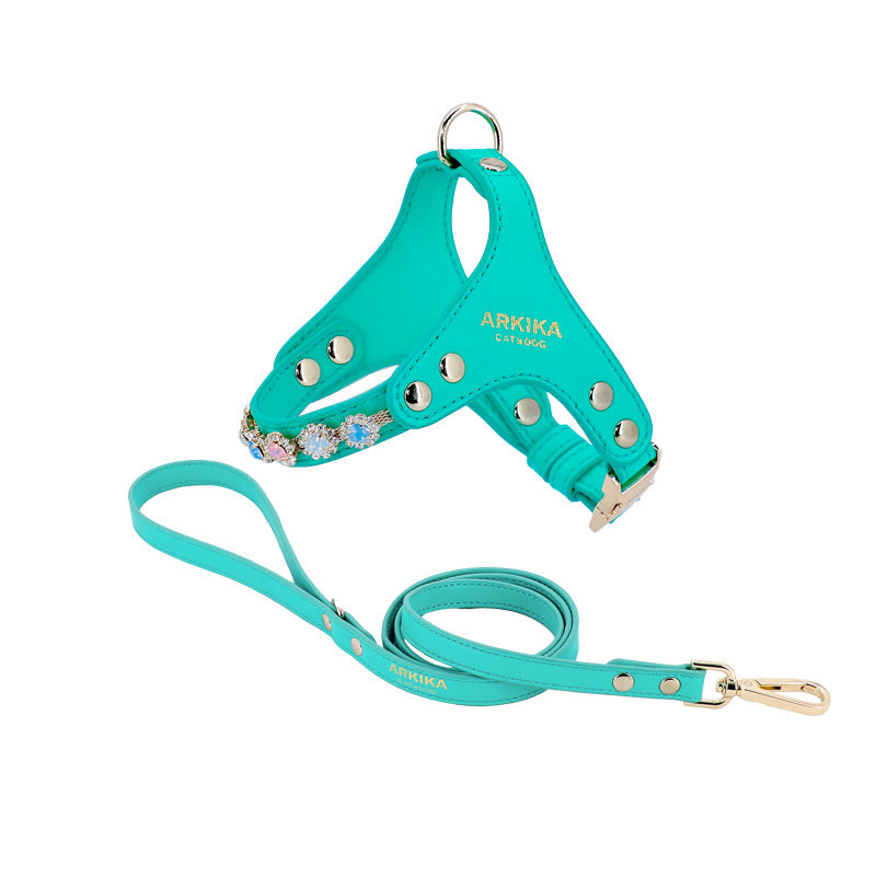 KFX-2539453 Adjustable Dog and Cat Harness with Leash in Rainbow Pink, Turquoise Green, and Sky Blue PU Leather with Rhinestones