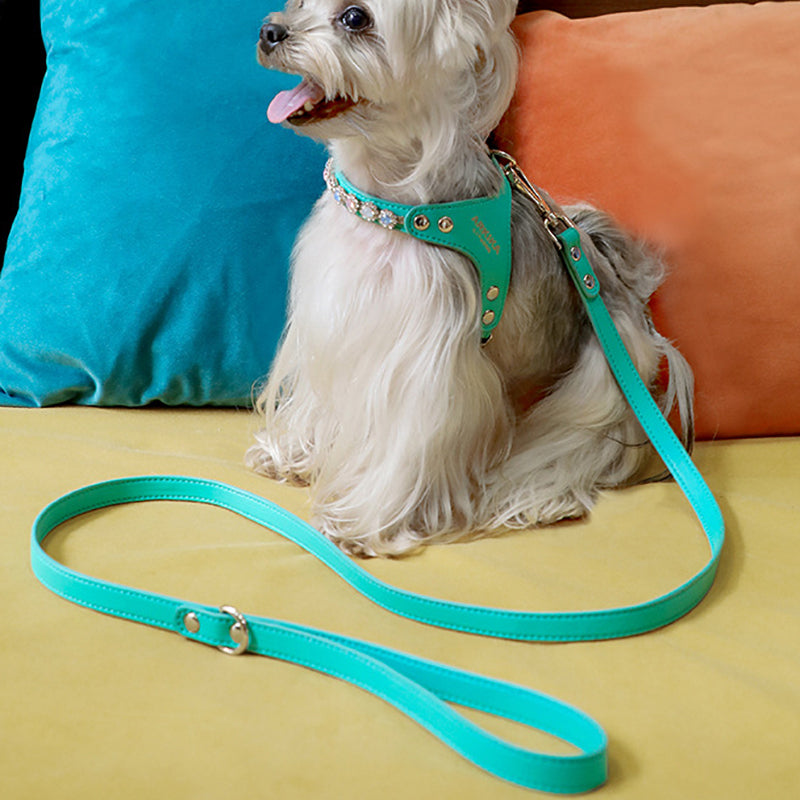 KFX-2539453 Adjustable Dog and Cat Harness with Leash in Rainbow Pink, Turquoise Green, and Sky Blue PU Leather with Rhinestones