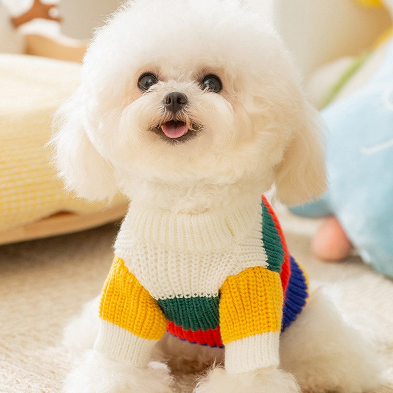 KFX-2544189 Rainbow Striped Knitted Sweater for Pets - Cozy and Stylish Winter Clothing for Cats and Dogs