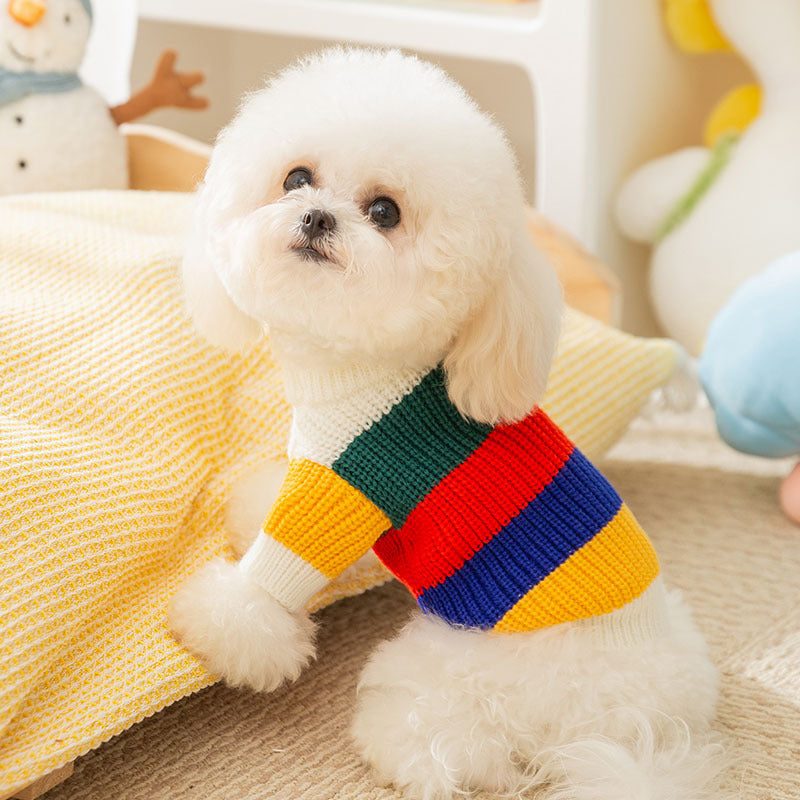 KFX-2544189 Rainbow Striped Knitted Sweater for Pets - Cozy and Stylish Winter Clothing for Cats and Dogs