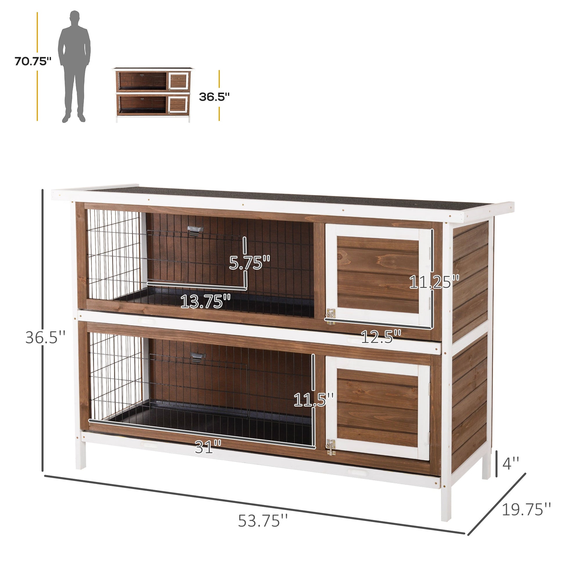 KFX-2549053 Wooden Rabbit Hutch with Dividers and Asphalt Roof for Small Animals, Brown Finish