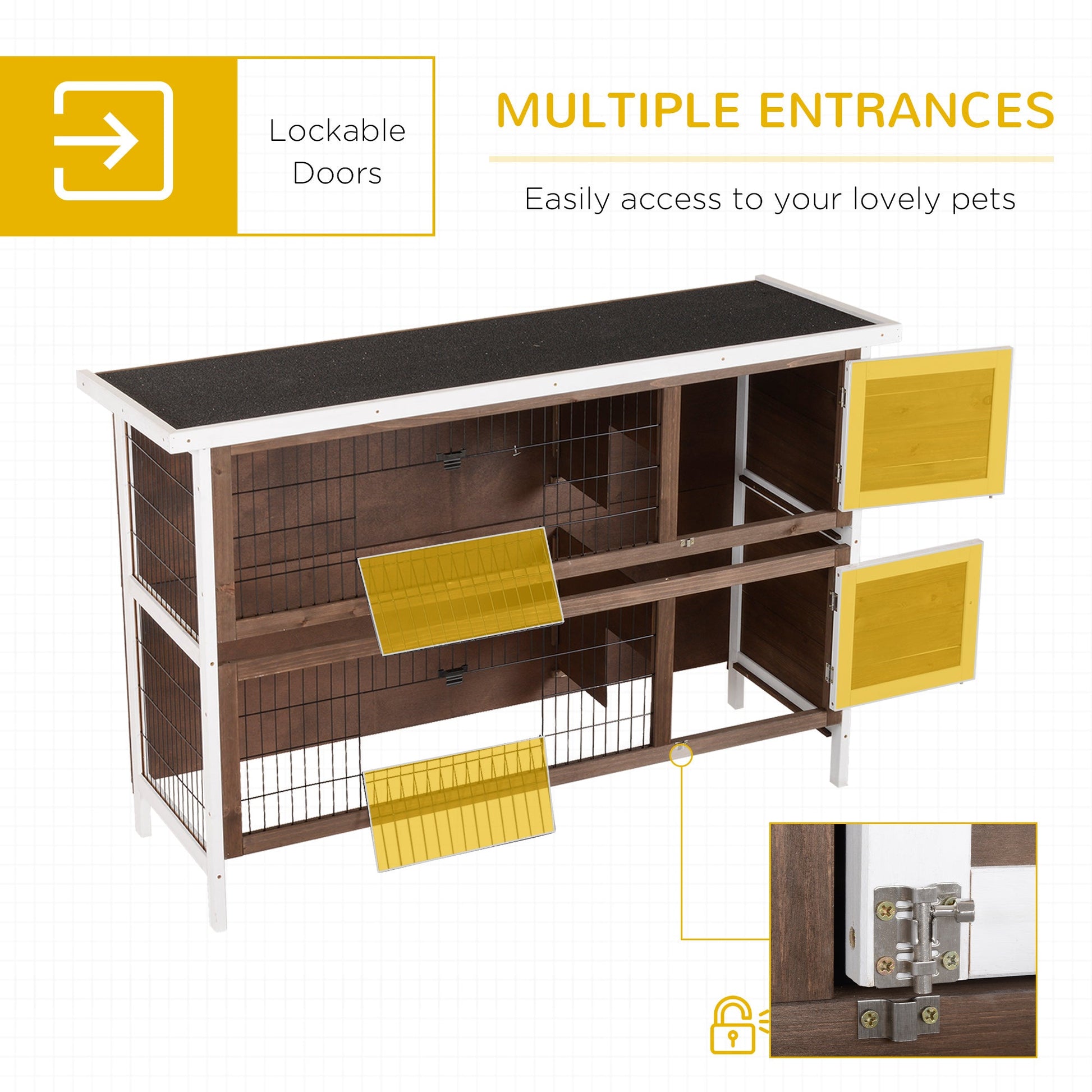 KFX-2549053 Wooden Rabbit Hutch with Dividers and Asphalt Roof for Small Animals, Brown Finish