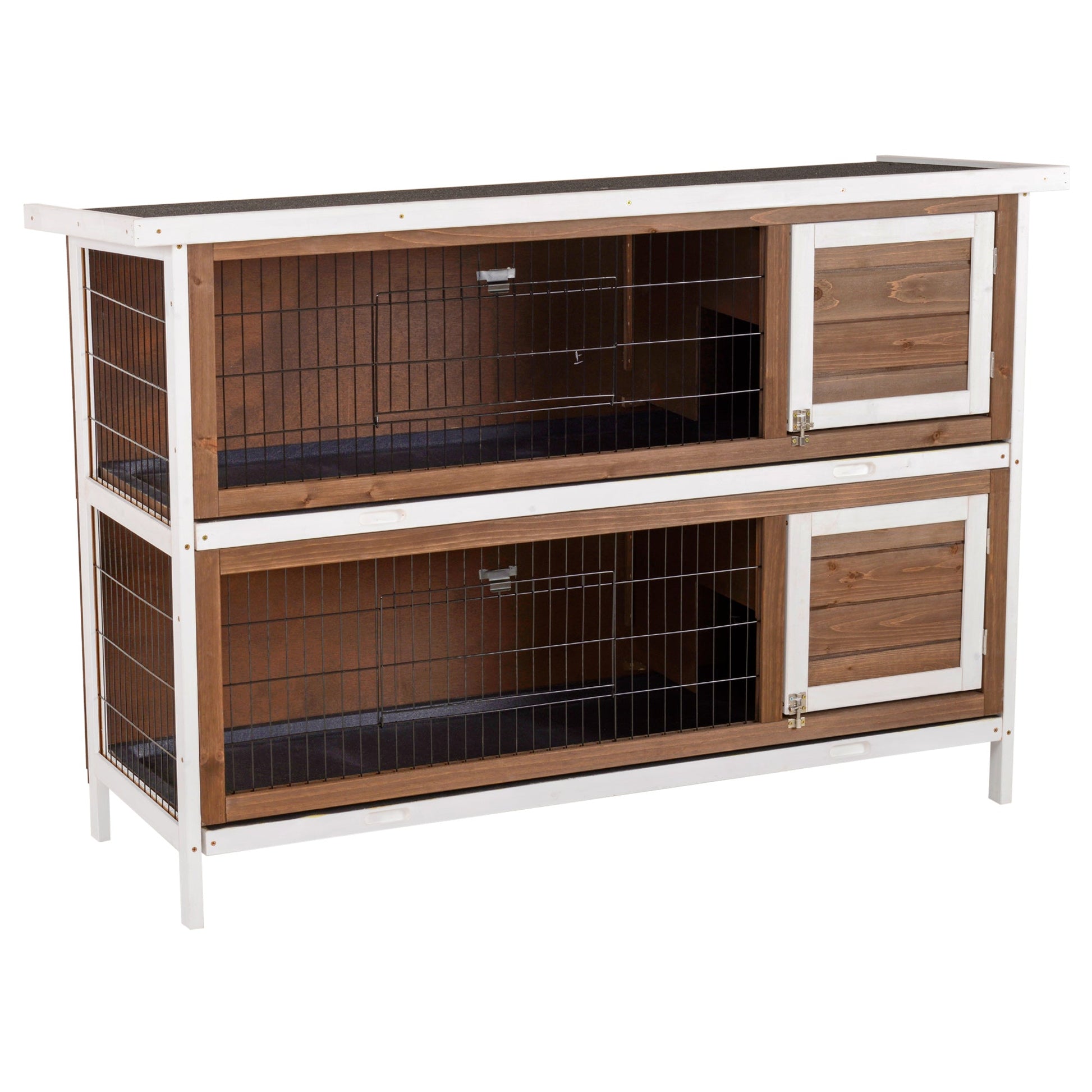 KFX-2549053 Wooden Rabbit Hutch with Dividers and Asphalt Roof for Small Animals, Brown Finish