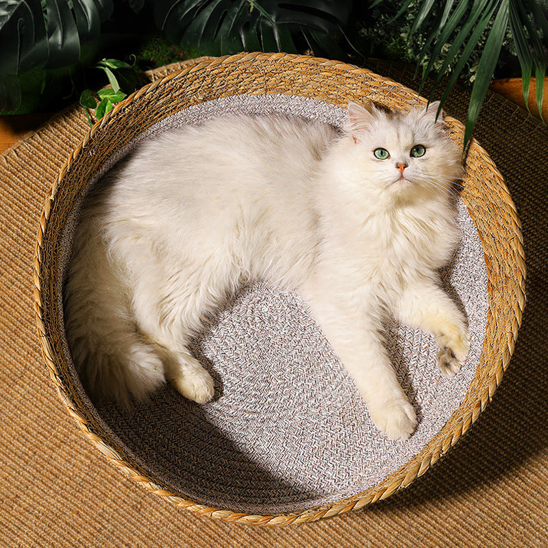 KFX-2549437 Handmade Straw Cotton Cat Nest Mat - Summer Cool Design for Small to Large Cats