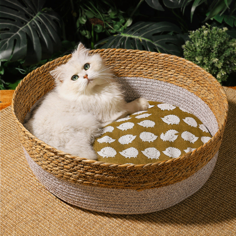 KFX-2549437 Handmade Straw Cotton Cat Nest Mat - Summer Cool Design for Small to Large Cats